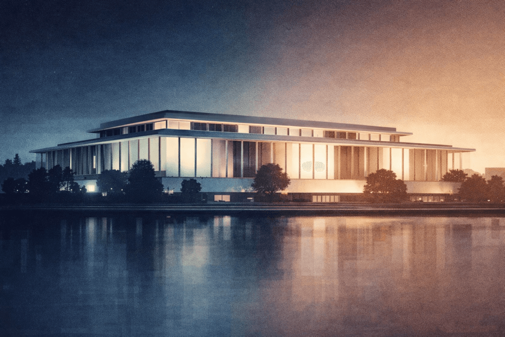 Illustration of the Kennedy Center in Washington, D.C., representing recent news about proposed naming changes.