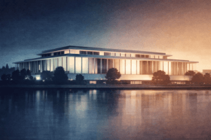 Illustration of the Kennedy Center in Washington, D.C., representing recent news about proposed naming changes.