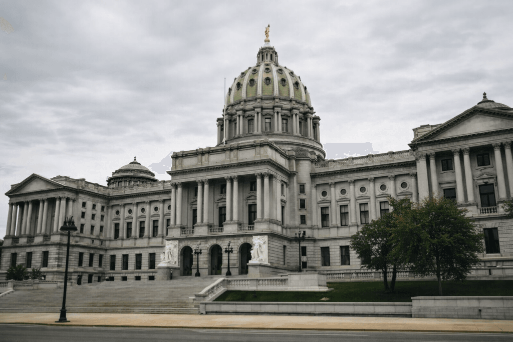 Pennsylvania State Capitol building in Harrisburg under an overcast sky, photographed in a neutral, documentary news style.