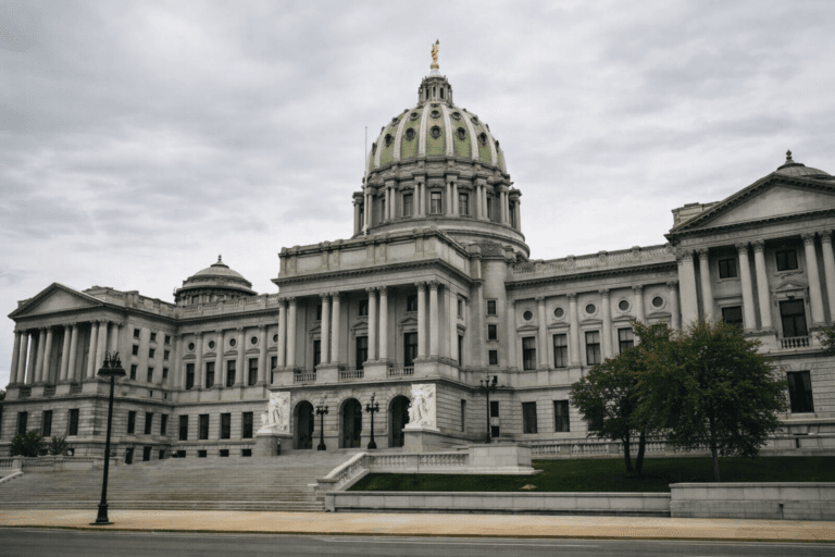 Pennsylvania State Capitol building in Harrisburg under an overcast sky, photographed in a neutral, documentary news style.