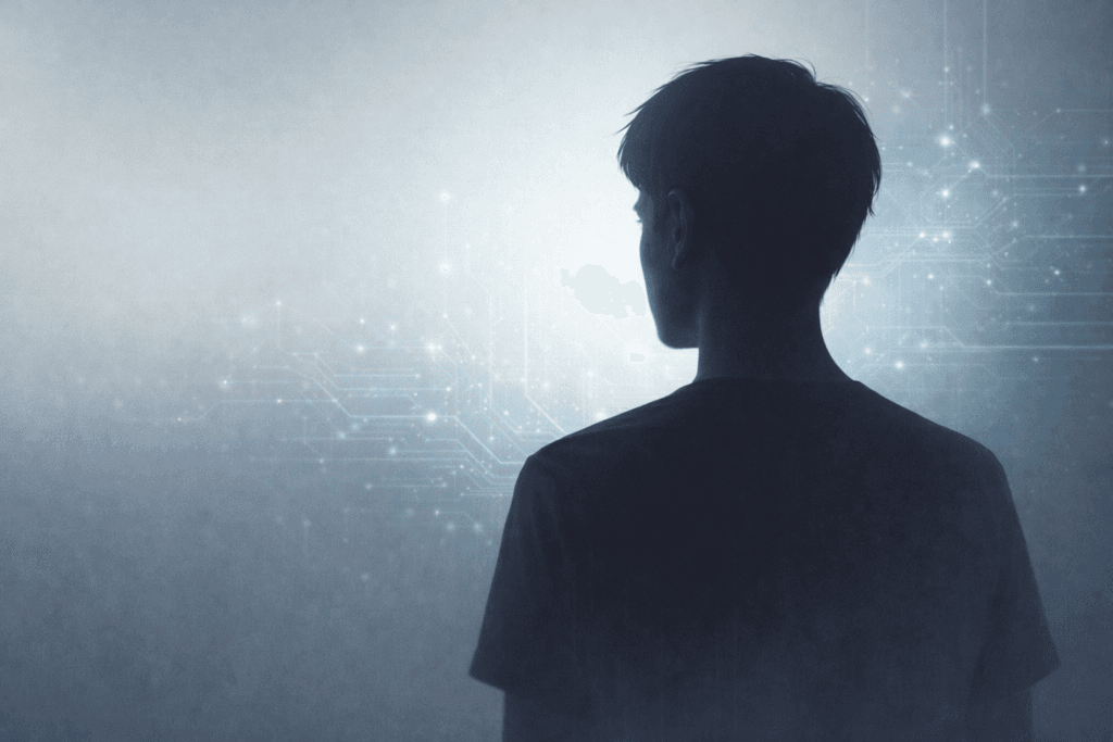 Illustration showing a young person with subtle artificial intelligence visuals in the background, representing rising concern and uncertainty around AI among Gen Z.