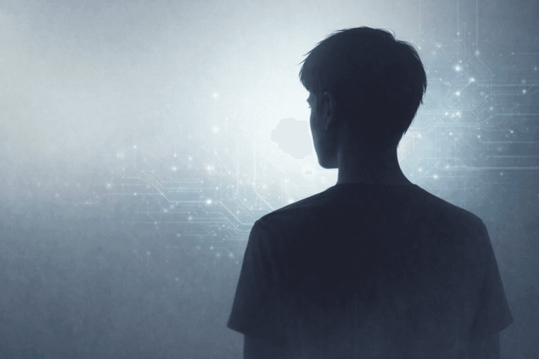 Illustration showing a young person with subtle artificial intelligence visuals in the background, representing rising concern and uncertainty around AI among Gen Z.