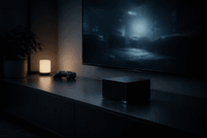 Dark living room showing an unbranded console-shaped PC near a television