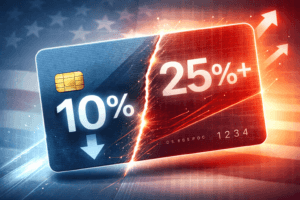 Illustration showing a credit card with interest rates dropping toward 10%, representing debate over Trump’s proposed credit card interest cap in 2026.
