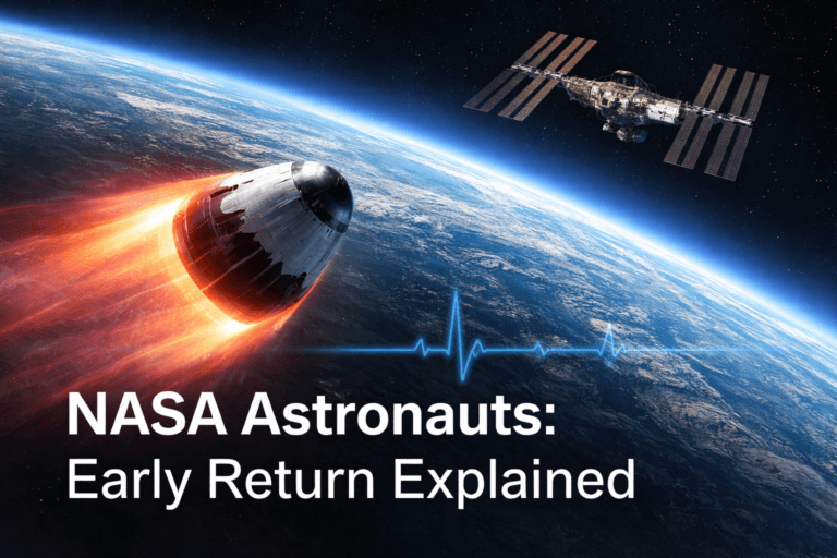 Space capsule returning to Earth with the International Space Station visible above the planet’s horizon, illustrating a routine NASA crew return mission.