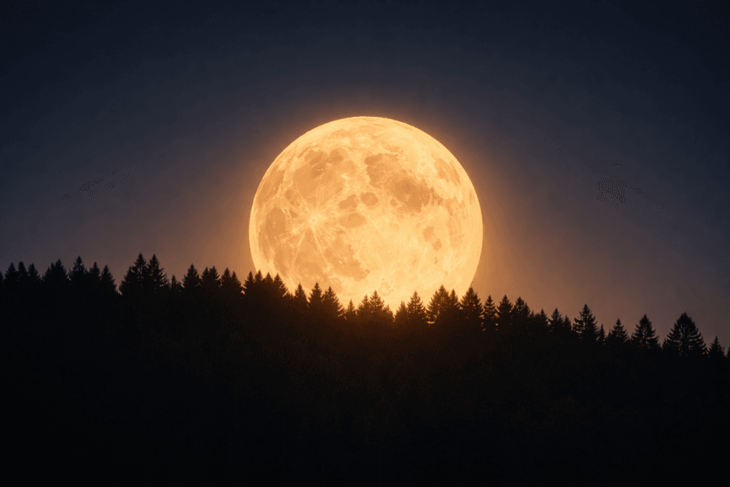 Golden full moon rising above a dark pine forest silhouette under a deep blue dusk sky.
