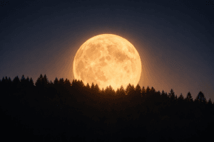 Golden full moon rising above a dark pine forest silhouette under a deep blue dusk sky.