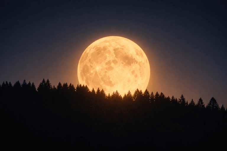 Golden full moon rising above a dark pine forest silhouette under a deep blue dusk sky.