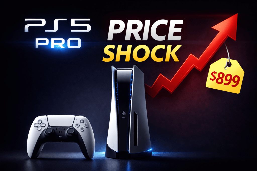 PlayStation 5 Pro console with DualSense controller on dark background with blue lighting